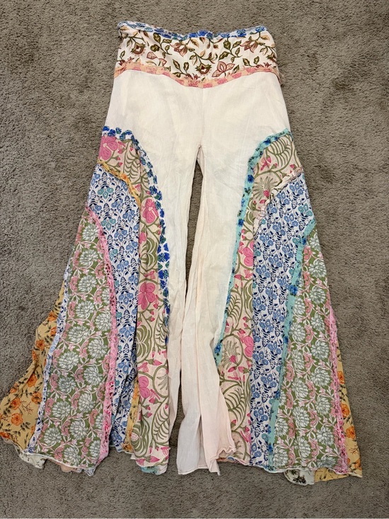 Gypsy Rose Pants - Boho Floral Patchwork Flare Pants - White & Multicolor